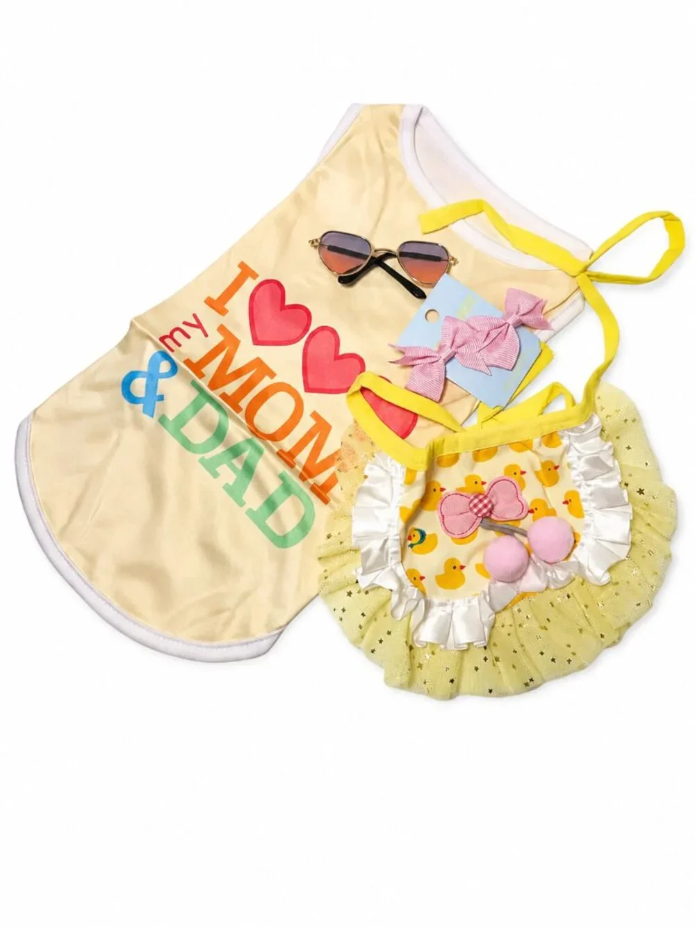 I Love Mom and Dad Dog Outfit | Shirt, Ruffle Tutu Skirt, Sunglasses & Bows